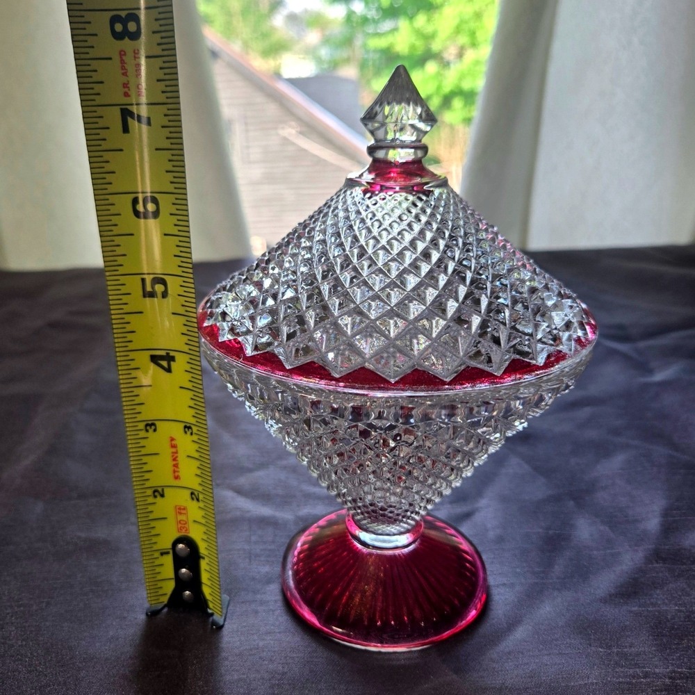 Vintage Ruby Red Flash Diamond Point Glass Lidded Candy Dish Pedestal Compote - Picture 7 of 14